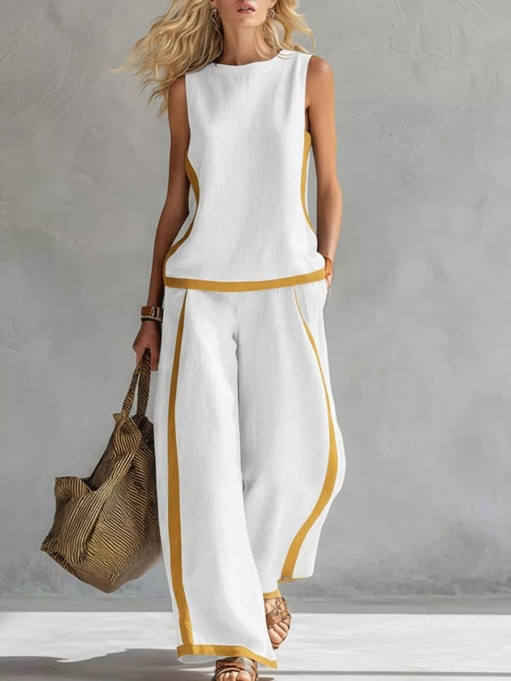White sleeveless tank and wide-leg pants set with yellow trim, polyester, women's outfit