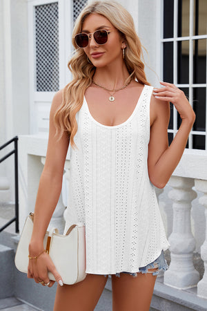 White eyelet scoop-neck trapeze tank top with a breathable, casual cut.