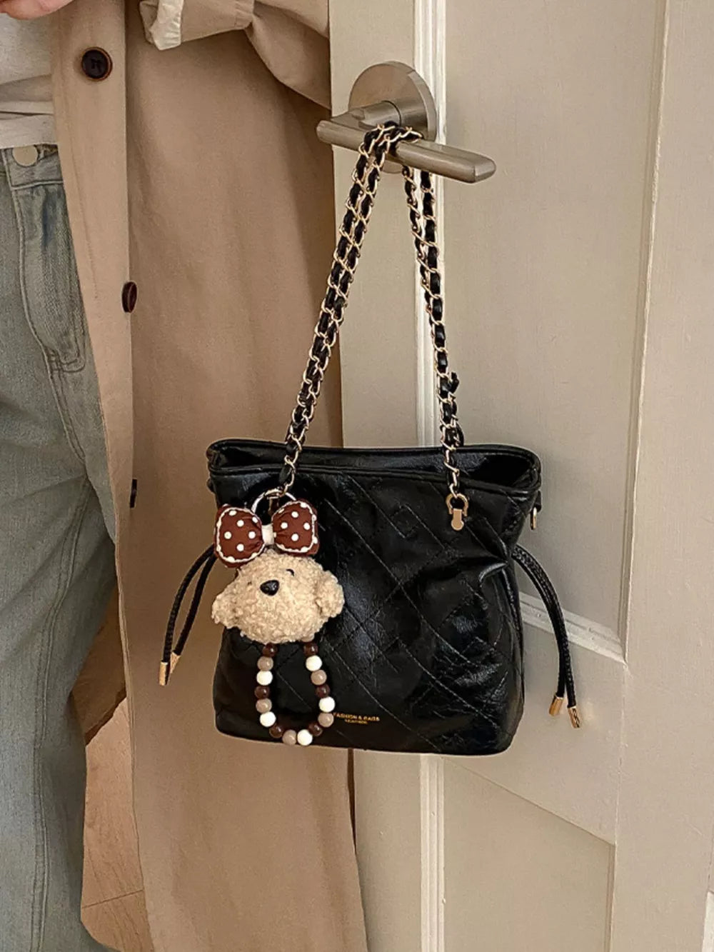 Pu Leather Crossbody Bag in White, close-up detail