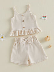 Apricot waffle knit tank top with ruffles and bow shorts set for baby girls.
