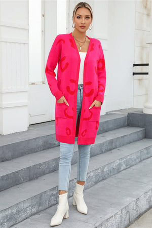 Hot Pink Leopard Motif Knit Cardigan with pockets