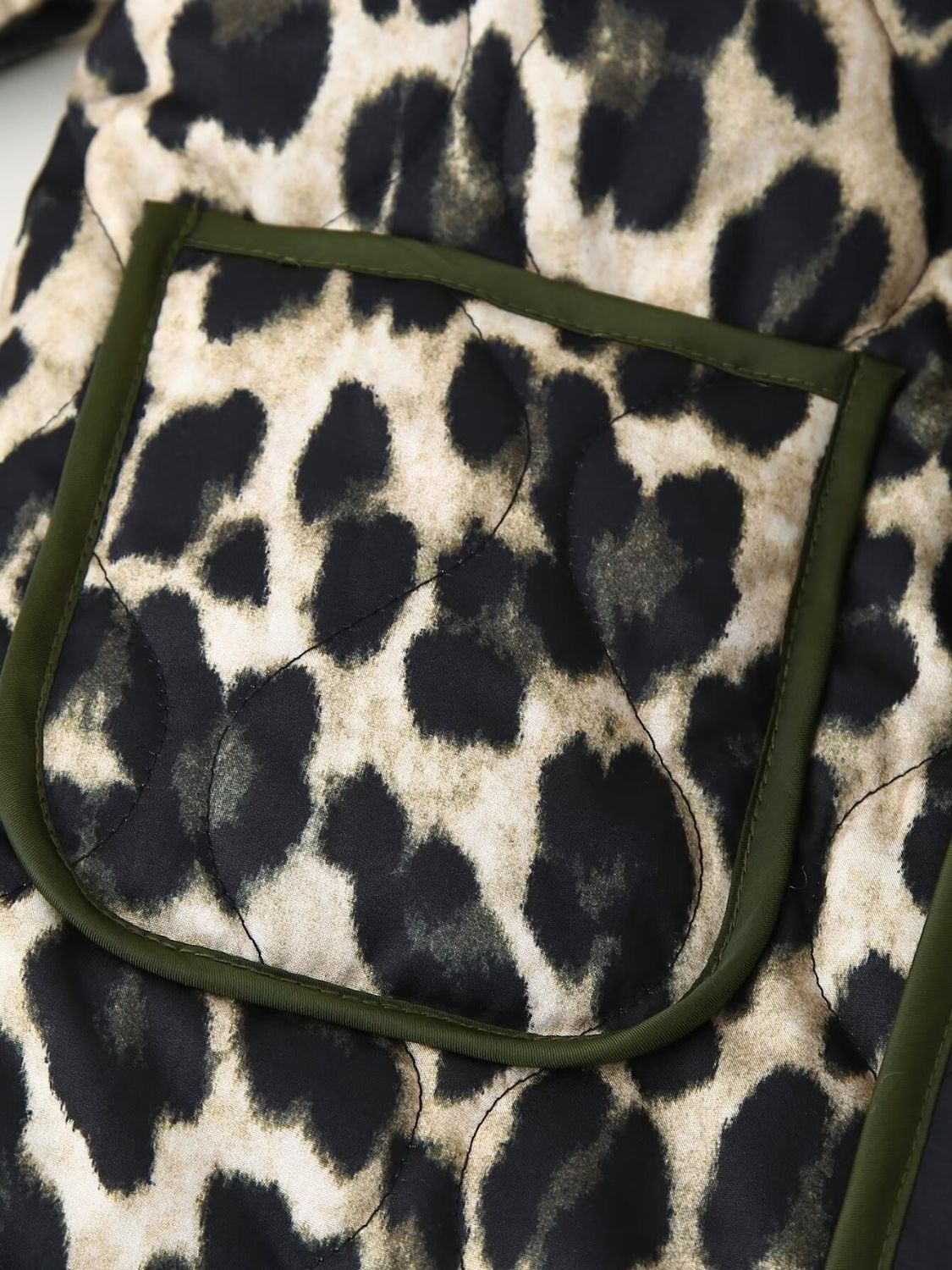 Leopard print quilted kimono jacket with green trim pocket detail