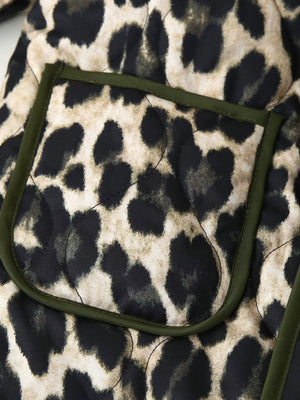 Leopard print quilted kimono jacket with green trim pocket detail