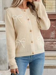 Khaki ribbed knit cardigan with bow accents and gold buttons.