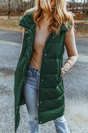Green longline hooded puffer vest with zip front and pockets