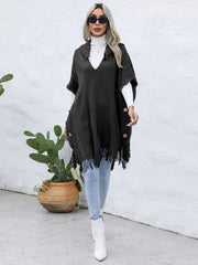 Dark Gray textured knit poncho with fringe, V-neck, wooden buttons, and hood.