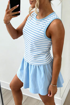 Two-piece blue and white striped tank top and light blue skort set