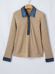 Ribbed knit shirt in tan with denim collar, button placket, and cuffs.