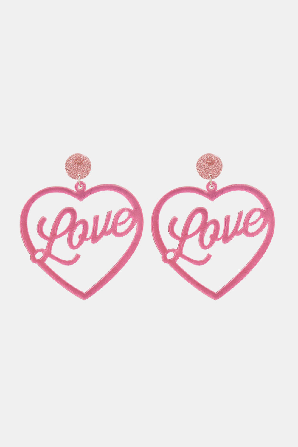 Pink glitter studded love heart acrylic earrings