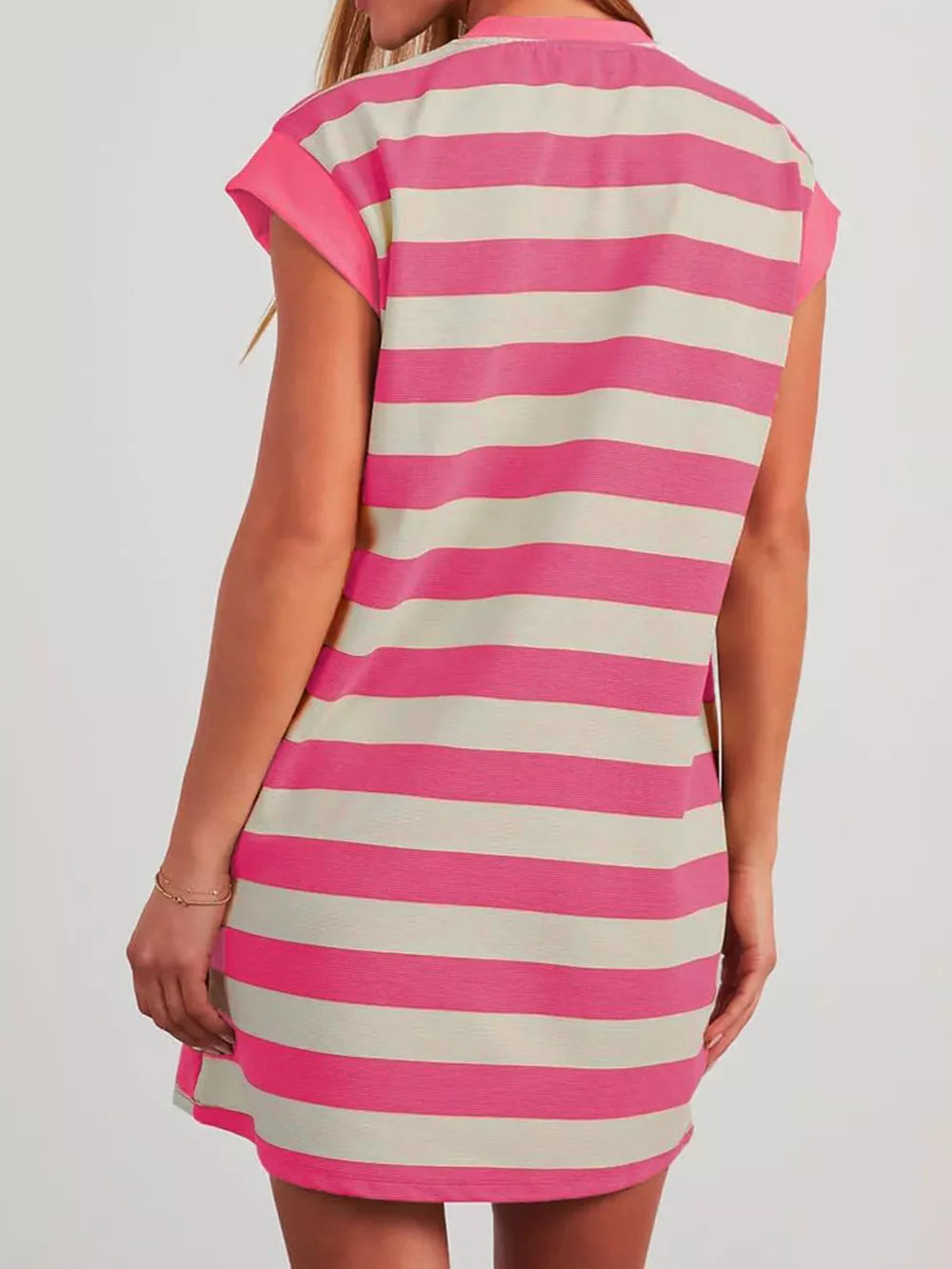 Striped mini dress with cap sleeves in pink and cream, casual style.