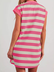 Striped mini dress with cap sleeves in pink and cream, casual style.