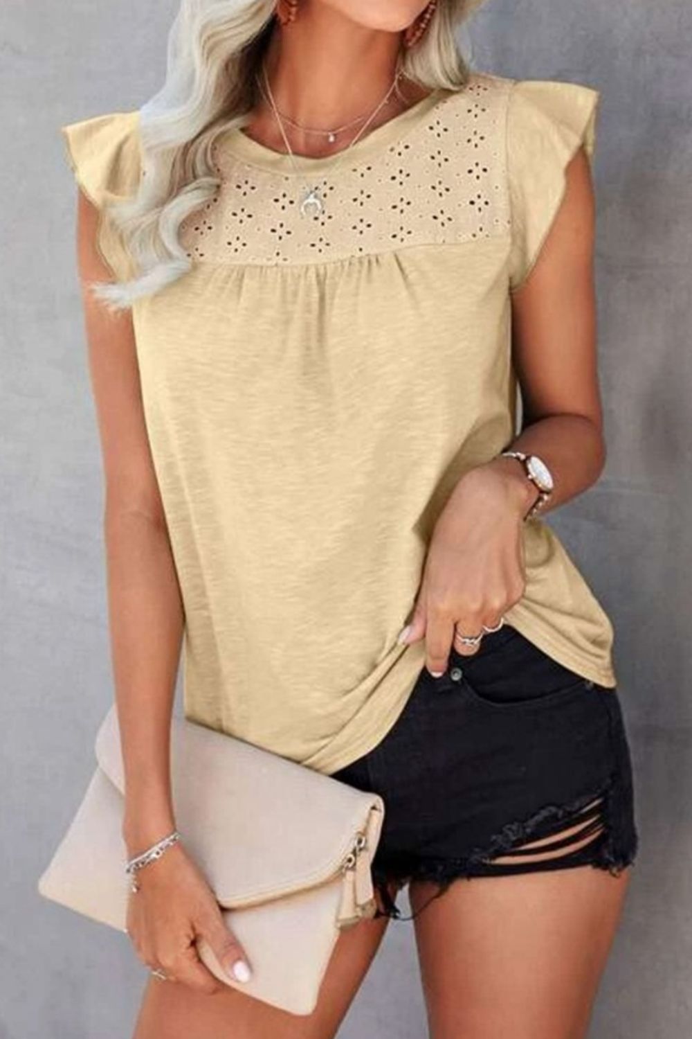 Light Yellow cotton eyelet yoke flutter sleeve top with gathered neckline