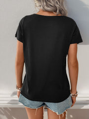 Black button-down tee with short sleeves and a crew neck.