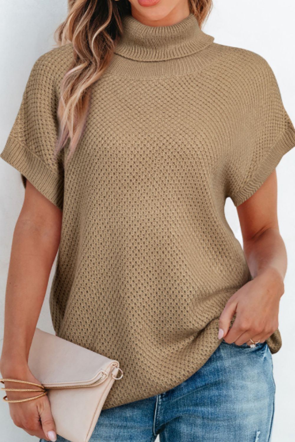 Khaki textured knit turtleneck cap sleeve sweater top