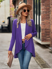 Electric purple asymmetrical drape front cardigan with long sleeves.