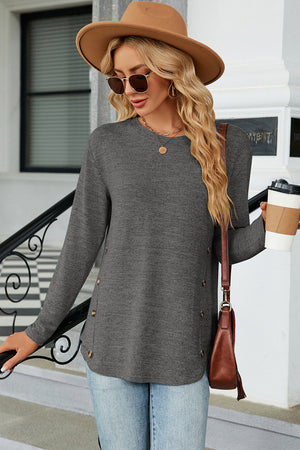 Dark Gray long sleeve top with side button slit hem detail