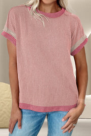 Ribbed colorblock t-shirt in Dusty Pink with contrast trim and short sleeves.