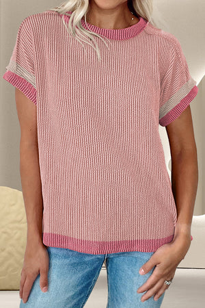 Ribbed colorblock t-shirt in Dusty Pink with contrast trim and short sleeves.