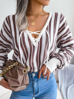 Lace-up stripe knit pullover sweater in taupe and white with V-neck and tie detail.