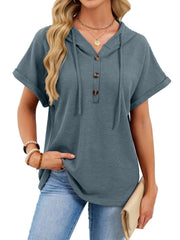 Blue gray waffle knit short sleeve hooded top with button placket and drawstring.