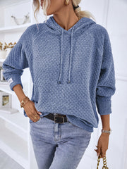 French Blue textured knit raglan sleeve hoodie with drawstring hood and cuffed sleeves.