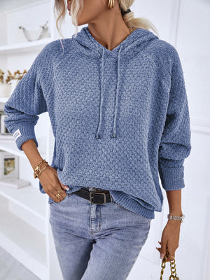 French Blue textured knit raglan sleeve hoodie with drawstring hood and cuffed sleeves.