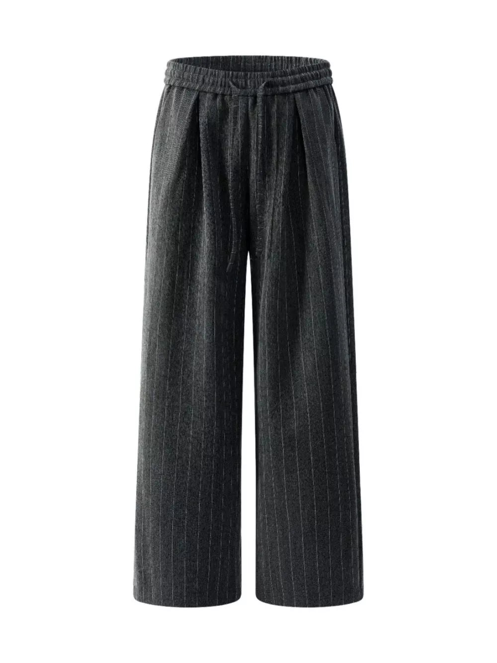 Men's black pinstripe wide-leg pleated trousers with drawstring waist