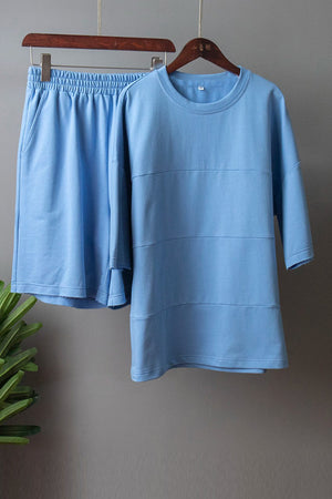 Pastel blue loungewear set with seam detail sweatshirt and shorts