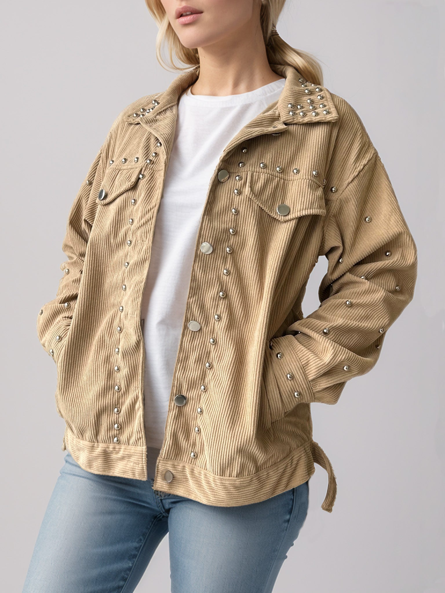 Tan corduroy studded overshirt with relaxed fit and collar