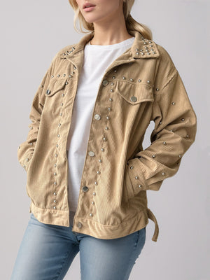 Tan corduroy studded overshirt with relaxed fit and collar