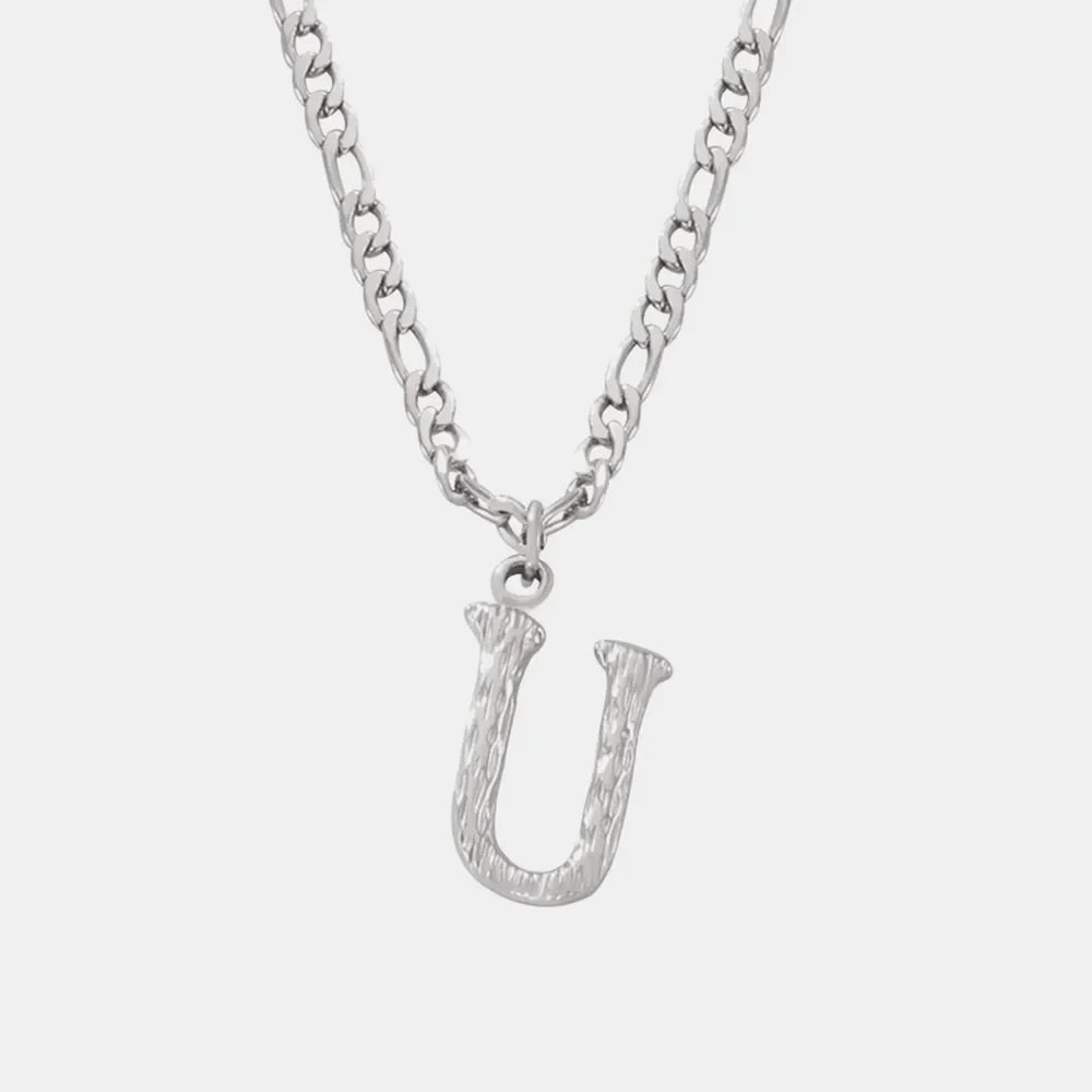 Silver textured initial pendant necklace with a Figaro chain, Style U