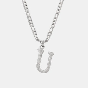 Silver textured initial pendant necklace with a Figaro chain, Style U