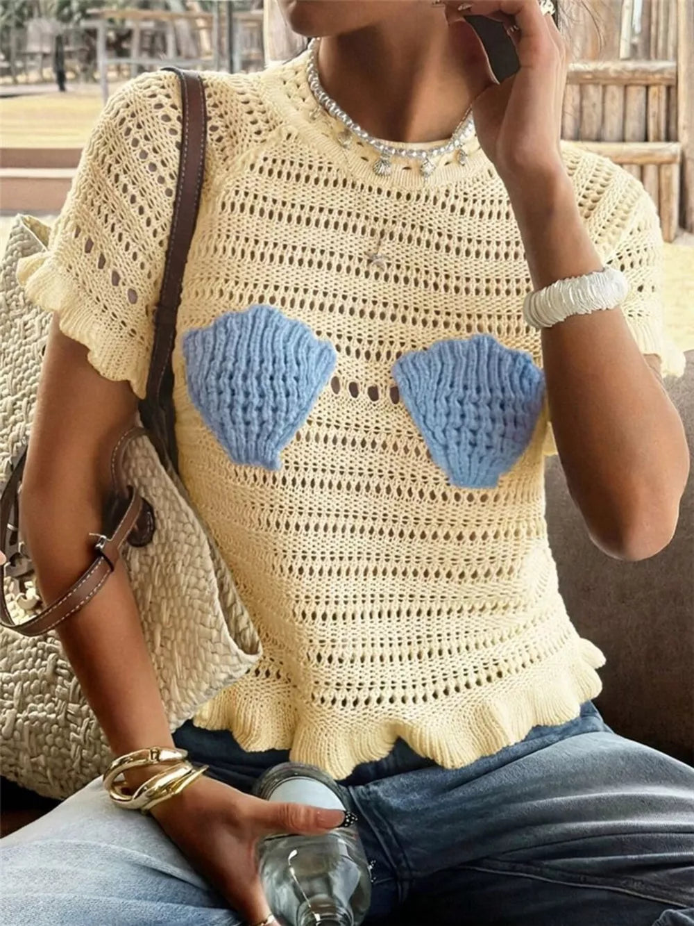 Seashell Crochet Knit Top in White, fit detail