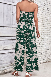 Dark green floral ruffle bandeau palazzo jumpsuit with wide legs.