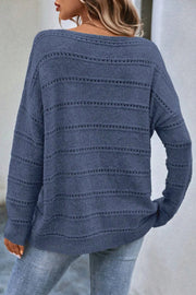 Off-the-shoulder knit pullover in French Blue with openwork stripe details.