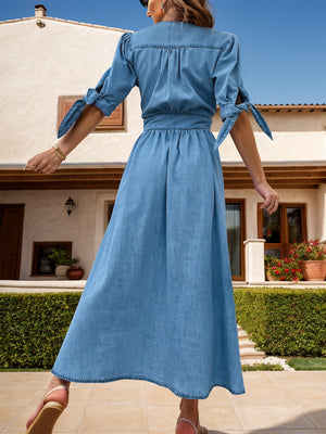 Denim midi dress in medium blue with tie-bow sleeves and a cinched waist