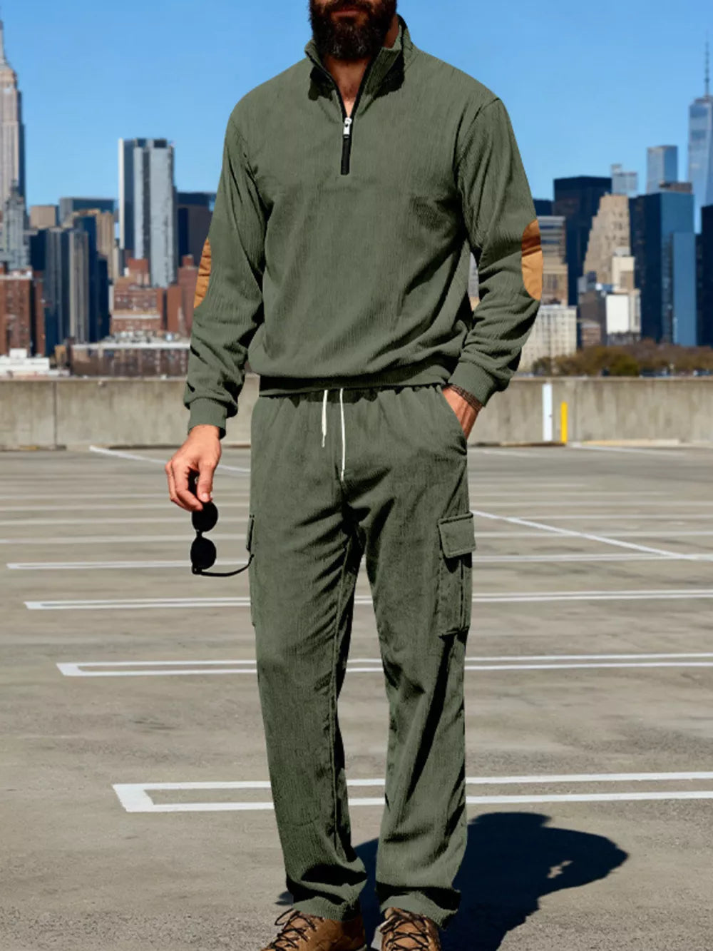 Olive green casual two-piece set with quarter zip pullover and cargo pants.