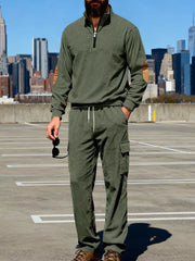 Olive green casual two-piece set with quarter zip pullover and cargo pants.