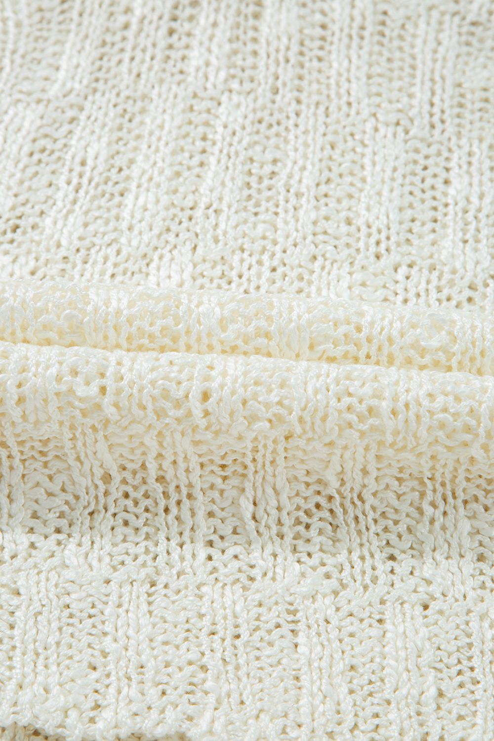 Beige textured knit V-neck shell top with open weave detail