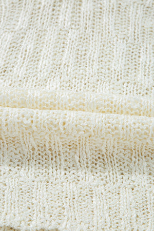 Beige textured knit V-neck shell top with open weave detail