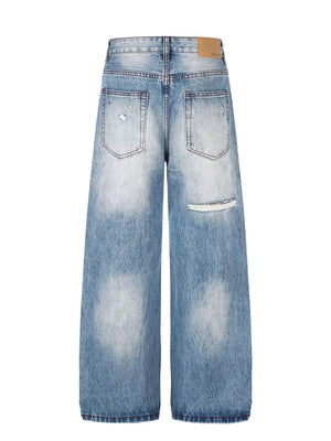 Men's Distressed Wide-leg Jeans in Blue, close-up detail