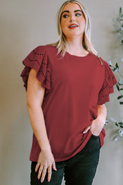 Burgundy eyelet flutter sleeve tee with a round neckline.