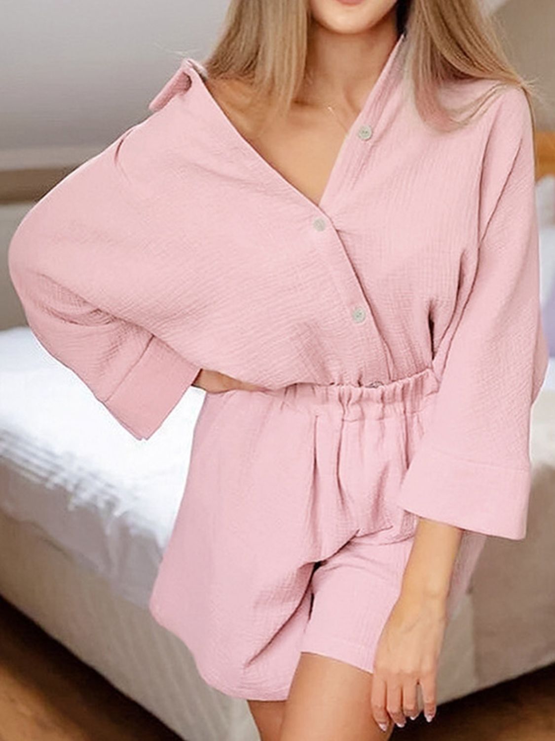Pink gauze cotton resort shirt and shorts set with button front and elastic waist.