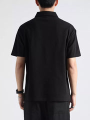 Black cotton zippered casual polo shirt for men, short sleeves, classic collar.