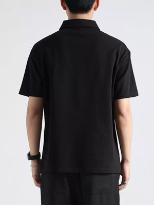 Black cotton zippered casual polo shirt for men, short sleeves, classic collar.
