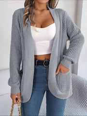 Charcoal textured knit open-front cocoon cardigan with pockets.