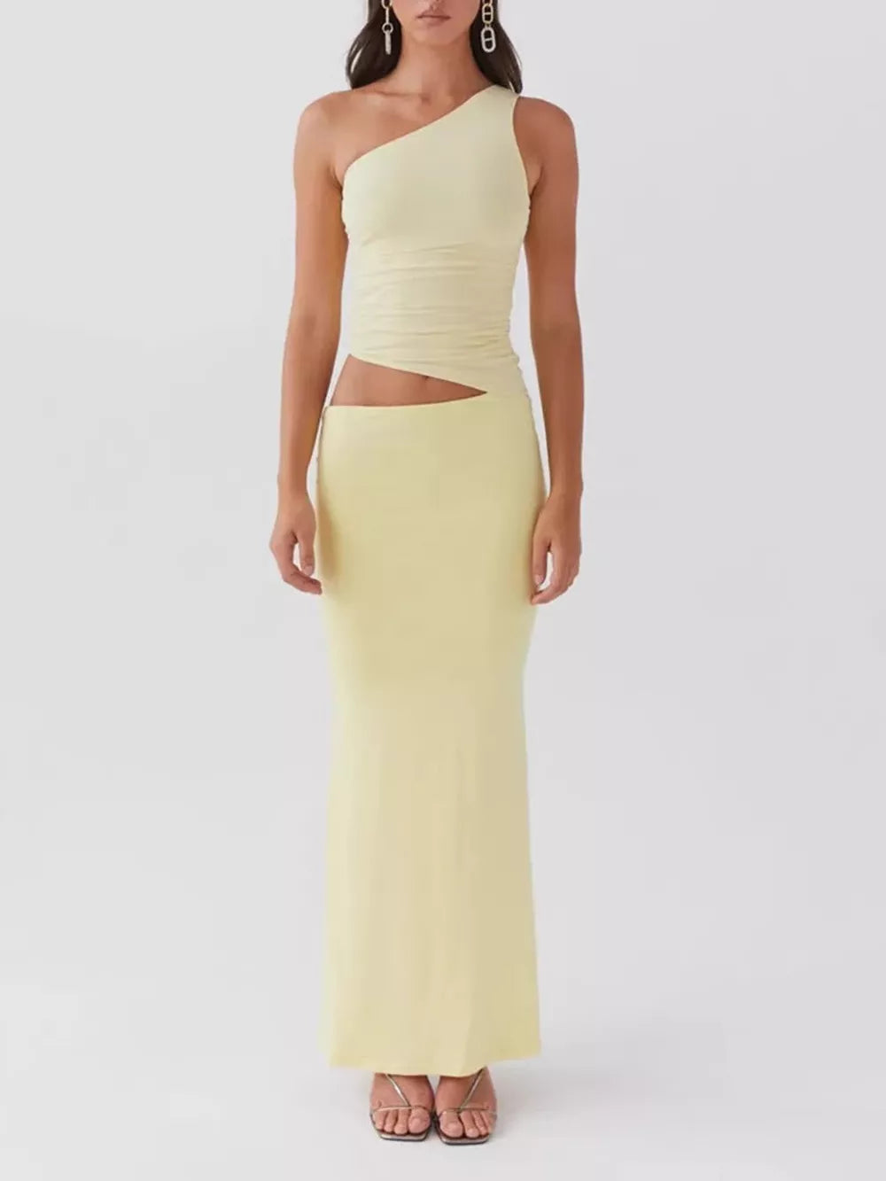 Yellow one-shoulder cutout maxi dress with ruched detail and side slit