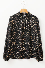 Black abstract print high-neck blouse with keyhole detail and long sleeves