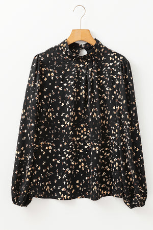Black abstract print high-neck blouse with keyhole detail and long sleeves