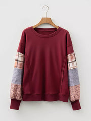 Plaid Colorblock Patchwork Sleeve Sweatshirt in Burgundy, alternate angle